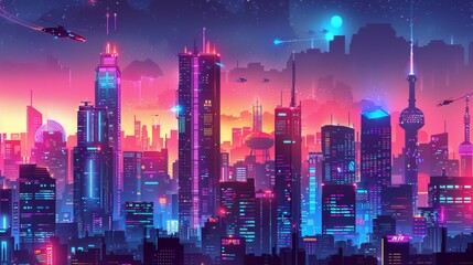 Futuristic cityscape with neon lights and advanced technology in a sci-fi world. - obrazy, fototapety, plakaty