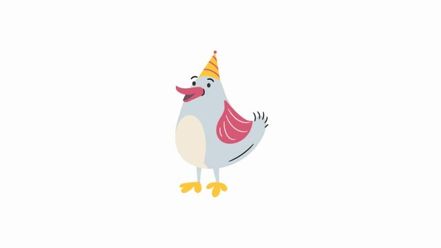 illustration of a chicken walking while wearing a party hat