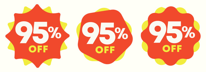 95% off. Special offer sticker, label, tag. Value discount poster, price. Shapes in yellow and red. Promo, discount, sale, store, retail, mall. Icon, vector