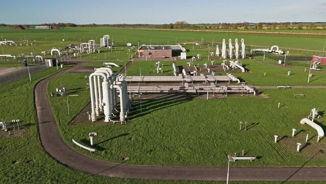 Controversial Gas Field in Groningen: Aerial View of Industrial Pipelines in Farmland