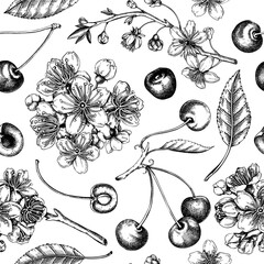 Berry fruit background. Cherry berries, leaves, flowers sketches. Cherry blossom hand-drawn vector illustration. Floral seamless pattern. NOT AI genereted