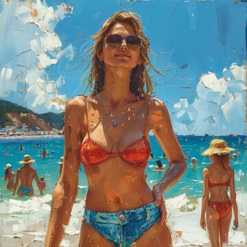 Young woman with sunglasses and bikini enjoys a summer holiday at the beach, oil painted illustration