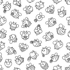 Cartoon cute bee character. Seamless pattern. Coloring Page. Kawaii insect holding honey pot. Hand drawn style. Vector drawing. Design ornaments.