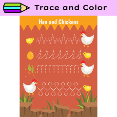 Pen tracing lines activity worksheet for children. Pencil control for kids practicing motoric skills. Chicken farm educational printable worksheet. Vector illustration.
