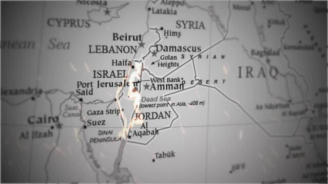 A map of the military conflict between Israel and the Gaza Strip. Animation of the political map with camera zoom effect