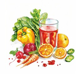 drawn vegetables on a white background, vitamin cocktail, healthy food on a white background, wellness. 