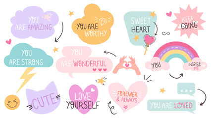 Cute set of inspirational speech bubbles with compliments, quotes about self love and love for others. Vector typography for cards, posters, t-shirt, stickers. 