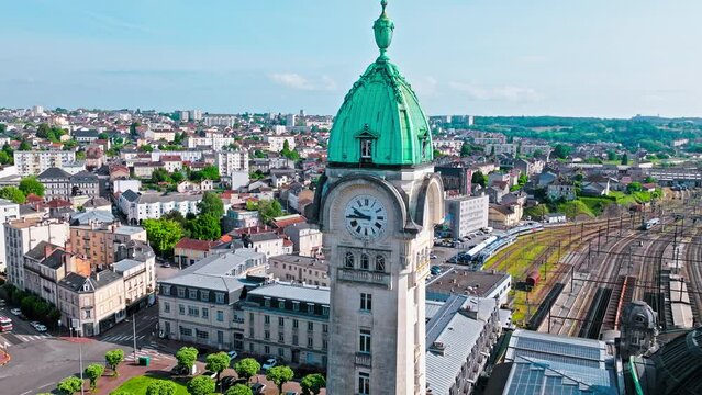 Aerial view of the main railway station tour clock in Limoges. Train station. Public transport station with city view in France.