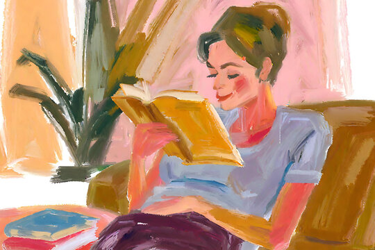 Oil painting artistic image of woman reading gold notebook in living room