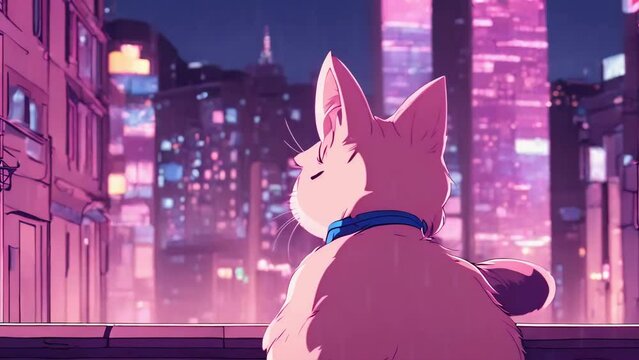 cat watching the city view, city pop, neon city, cat watching the raining, lofi, calming videos, nature videos, asmr, relaxing videos, japanese city view, cat watching raining, rainy night, rain ai