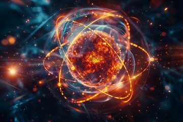 Collision of nuclei of elementary particles, image of nuclear reactions in the model. Explosion with the release of a huge amount of heat and power and light. - obrazy, fototapety, plakaty