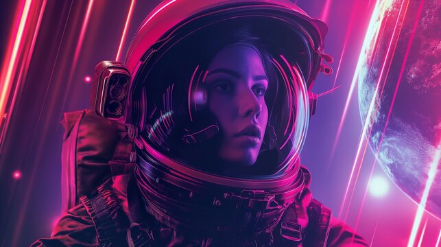 Illustration of female astronaut character with neon light helmet.