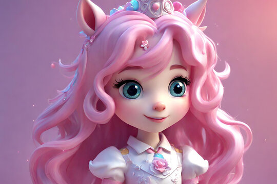 Cute character 3D image of beautiful anime princess unicorn