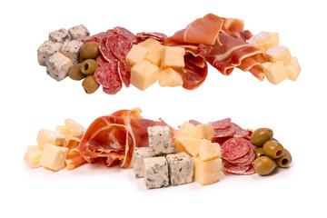 Cheese, olives, salami, jamon isolated on a white backgrund. - obrazy, fototapety, plakaty