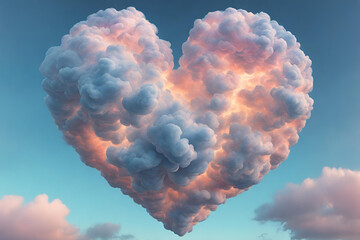 abstract organic cloud shaped as heart form with different colors of lights, pastel colors, 3d, detailed, realistic, artistic and surrealist blue sky