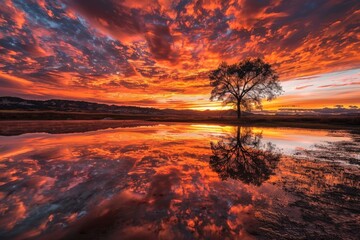 beautiful red sky on sunset reflecting in water