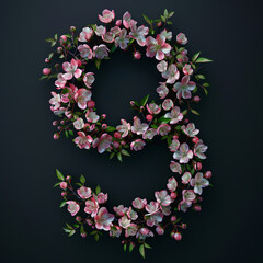 Beautiful floral alphabet isolated on black background. Letter 9. Floral font.