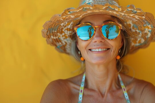 Portrait of an elderly and old happy blonde woman wearing sunglasses and a straw hat