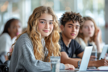 Students using laptops in a classroom, engage in discussion around the table, learning and education concept