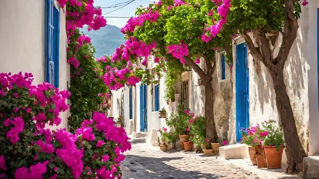 beautiful greece alley in morning with Bougainvillea flower tree in the alley, doll houses, wind blowing, ai generative, travel, stock video, travel videos, asmr, youtube, greece, calming nature, ai