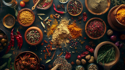Obraz na płótnie Canvas Various kinds of spices on wooden table top view