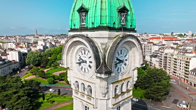 Aerial view of the main railway station tour clock in Limoges. Train station. Public transport station with city view in France.