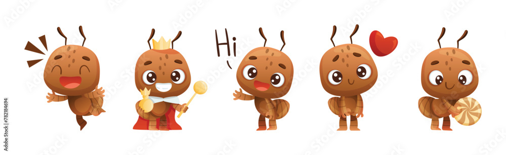 Poster cute little ant character engaged in different activity vector set