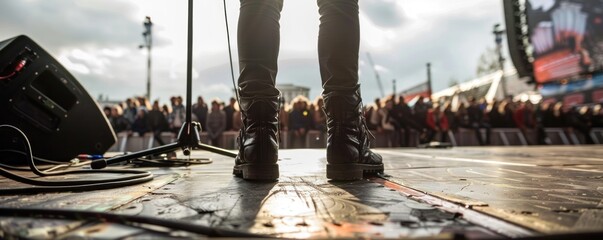 Detail of modern shoes on ground at festival stage - obrazy, fototapety, plakaty