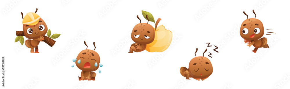 Poster cute little ant character engaged in different activity vector set