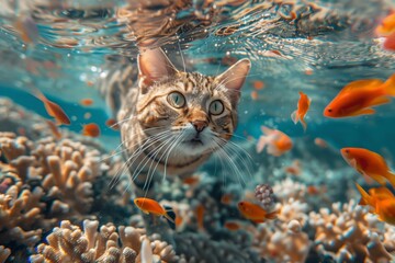 Fototapeta na wymiar The cat swims and dives into the sea for fish coral