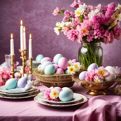 Obraz na płótnie Canvas table decor, decoration of table with pink and white flower , eggs and candles, candles and flowers