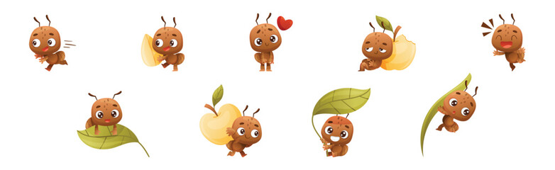 Cute Little Ant Character Engaged in Different Activity Vector Set