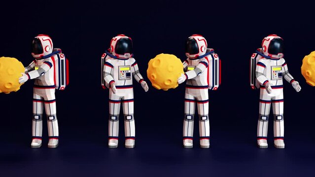 Cosmonauts in spacesuits stand in a row and pass moon-like planets along a chain. 3D astronauts loading asteroids. Looping animation with alpha channel