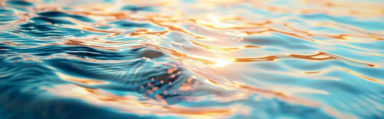 Fotobehang A serene picture of the water surface reflecting the golden sunlight with light ripples and waves, background © Vadim