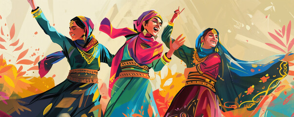 Illustration of Muslim women wearing traditional attire and participating in a cultural celebrating their heritage and expressing