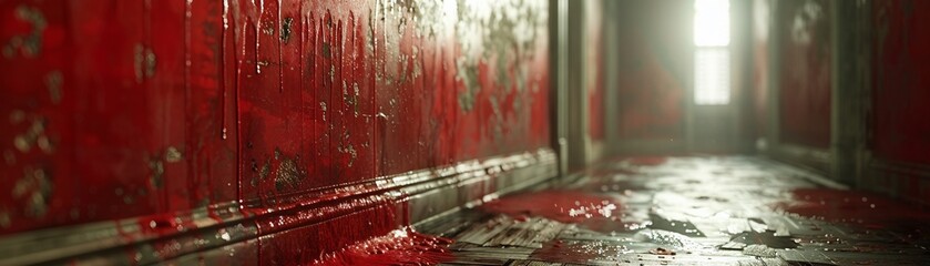 Blood drip down a haunted house wall, crimson and chilling