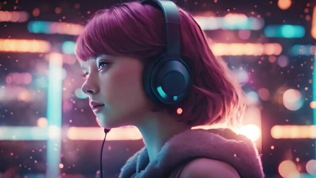 Lofi animation 3d cartoon character girl listening to music in animation style, anime girl animation, lofi girl music, relaxing mind, - Seamless loop animation, created using AI Generative Technology	
