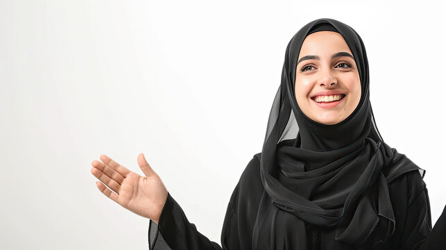 Happy exited Arab Middle Eastern Saudi woman with surprised reaction. Isolated on white background 