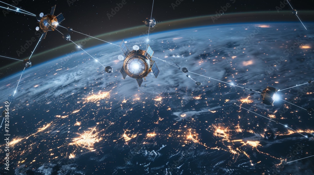 Aufkleber satellite network orbiting around the earth with interconnected lines over continents illuminated by