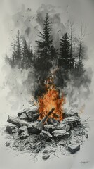Drawings of a roaring fire, the warmth of a flame's embrace