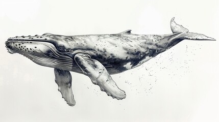Drawings of a whale, serene giant of the ocean, in ink