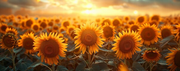 Fototapeta premium Field of sunflowers at sunset, golden hours glow
