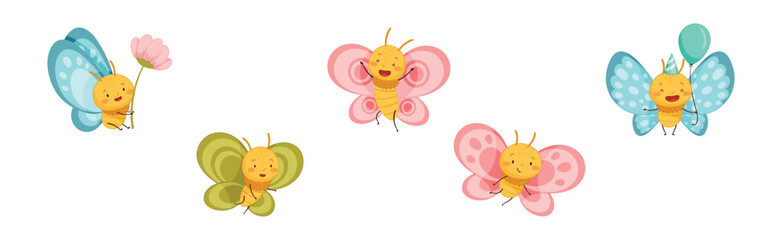 Funny Butterfly Character Flying with Wing and Smiling Face Vector Set