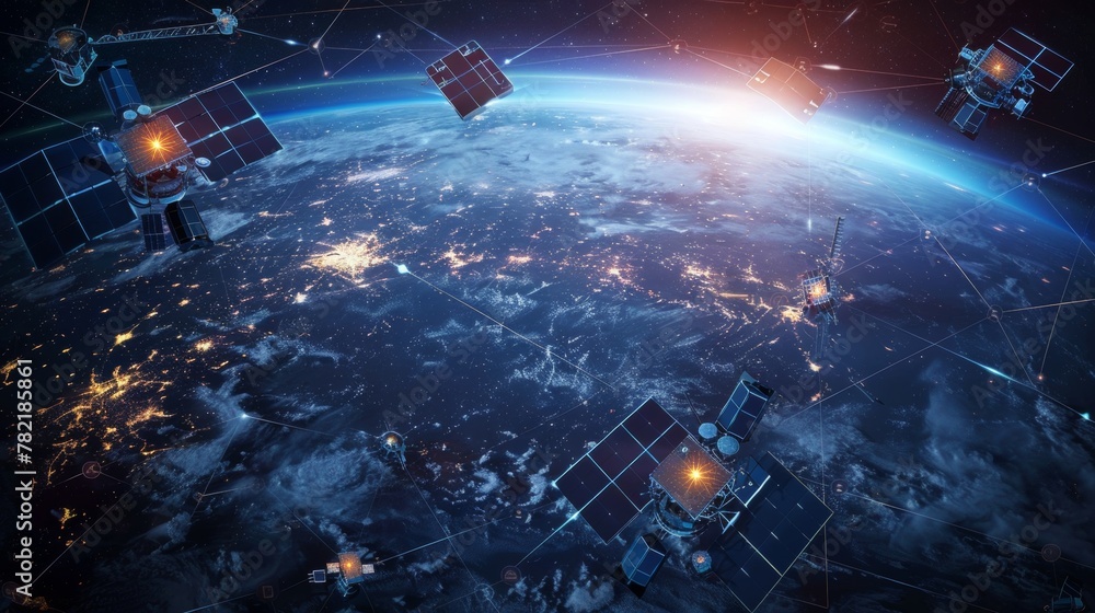 Poster satellite network orbiting around the earth with interconnected lines over continents illuminated by