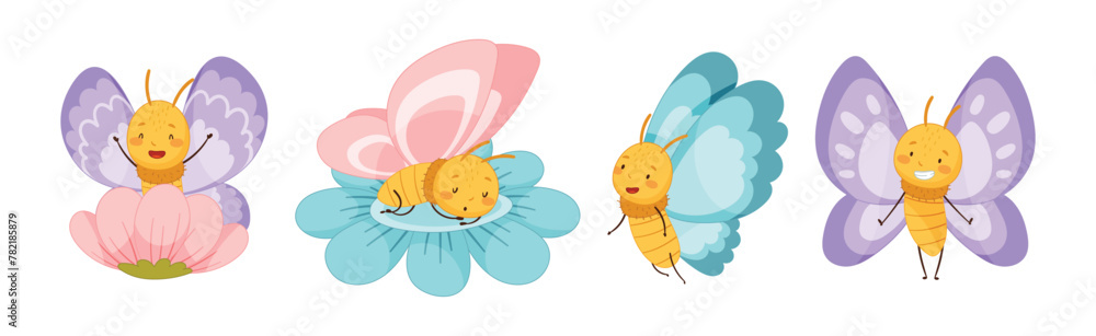 Poster funny butterfly character flying with wing and smiling face vector set