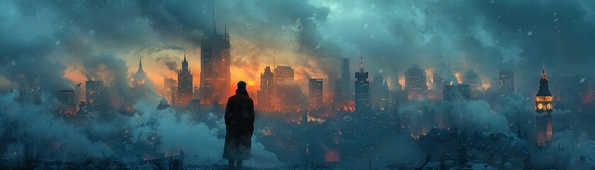 Man in overcoat against a wintry city backdrop, mystery in the air - obrazy, fototapety, plakaty
