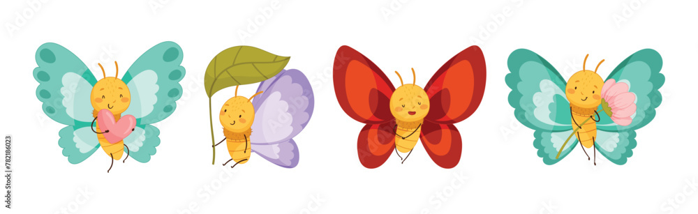 Poster funny butterfly character flying with wing and smiling face vector set