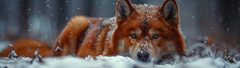 Red husky dogs, fiery fur against a snow-white backdrop - obrazy, fototapety, plakaty
