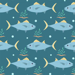 Seamless pattern with sea fish and bubbles, for children. For textile design, wallpaper, wrapping paper, scrubbing, children's parties. Vector illustration of flat.