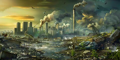 The Dystopian Horizon: Industrial Reckoning and Earth's Decline - obrazy, fototapety, plakaty